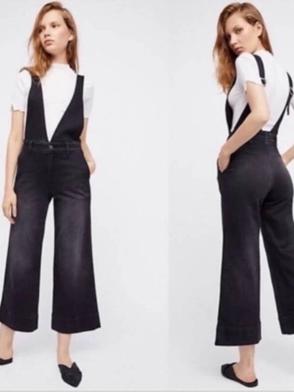 Free People Wide Leg Cropped Plunging Deep V Neck Denim Overalls Black Jeans 0